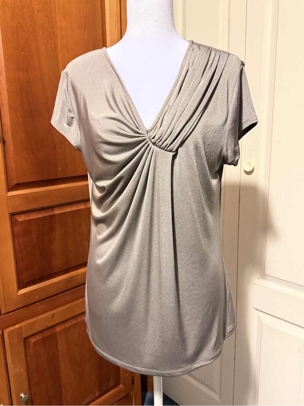 New York & Company Metallic Taupe Draped V-Neck Blouse